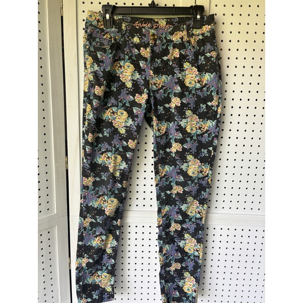 Denim Co Black Floral Colorful Ankle Grazer Twill Pants Women's‎ 29" waist